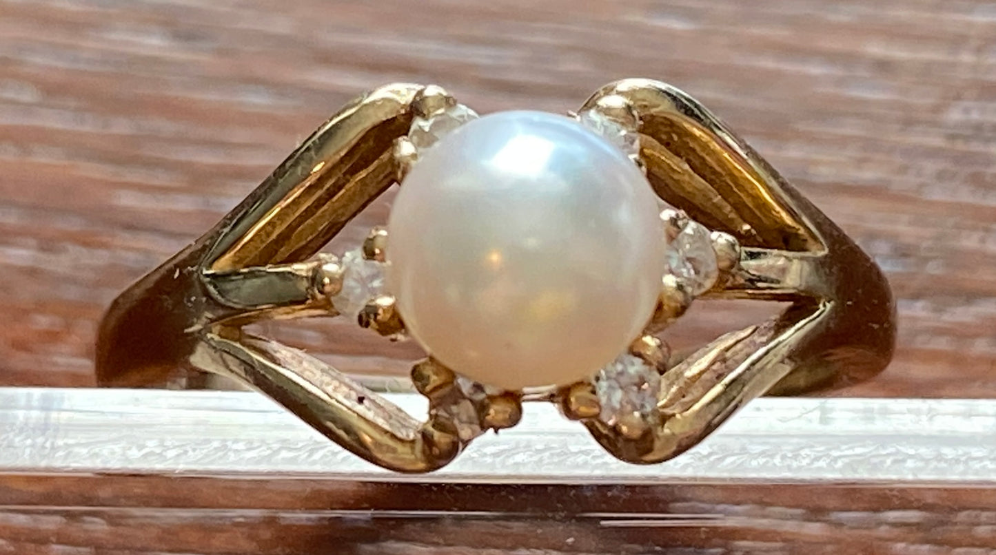 14k Yellow Gold 6mm Pearl Diamond Accent Ring Sz 6 Signed CF