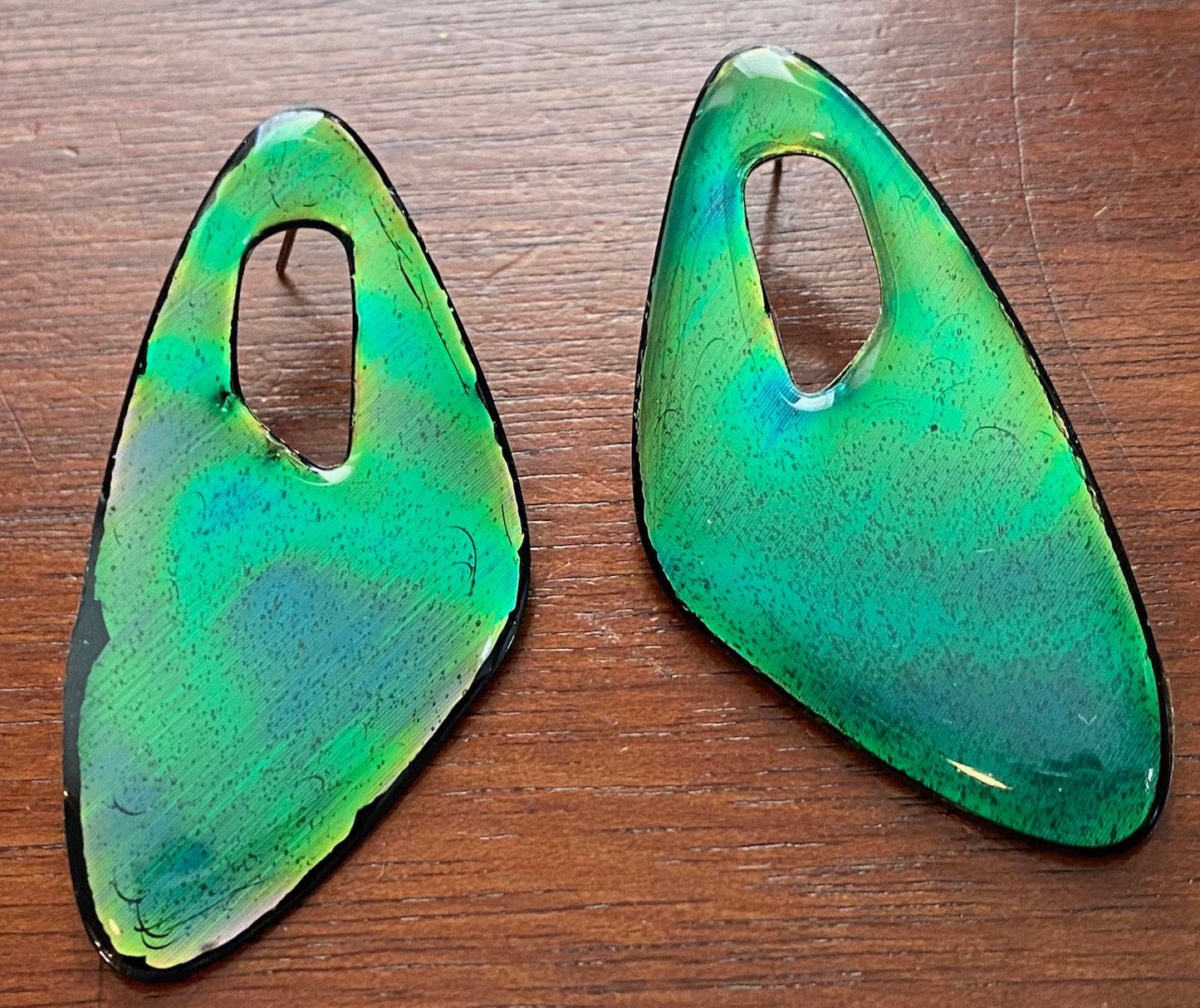 Vintage Fluorescent Toxic Green Enamel Abstract Pierced Earrings