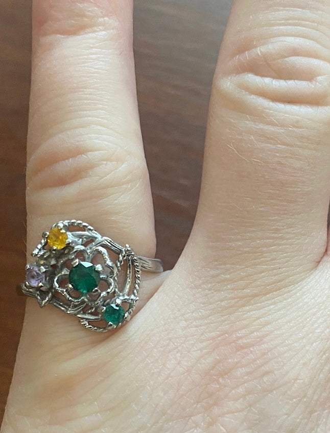 10k White Gold Gemstone Ring Sz 6.25 Amethyst Emerald Yellow Topaz
