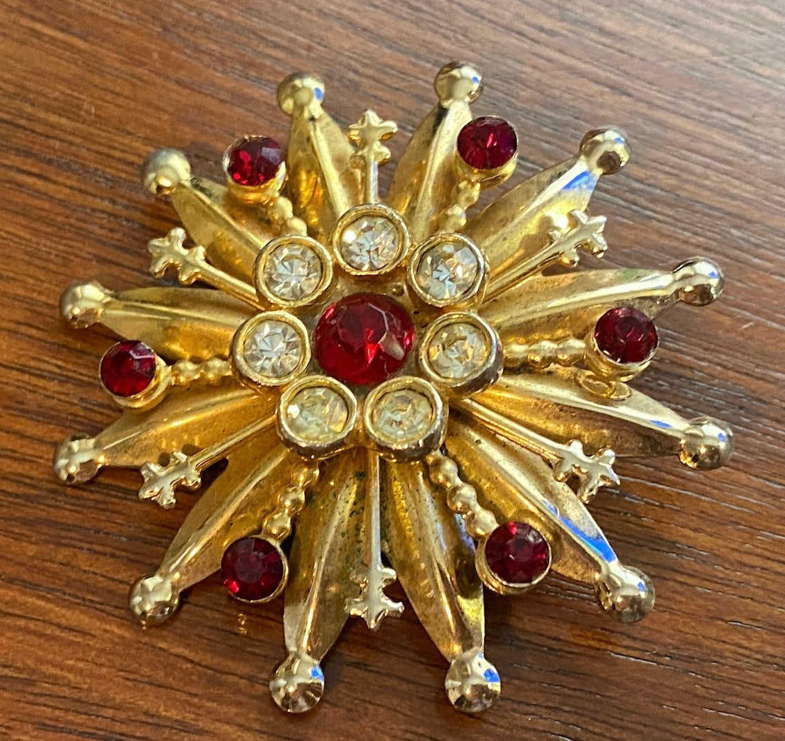 Vintage Goldtone Metal Starburst Red White Rhinestone Brooch Pin