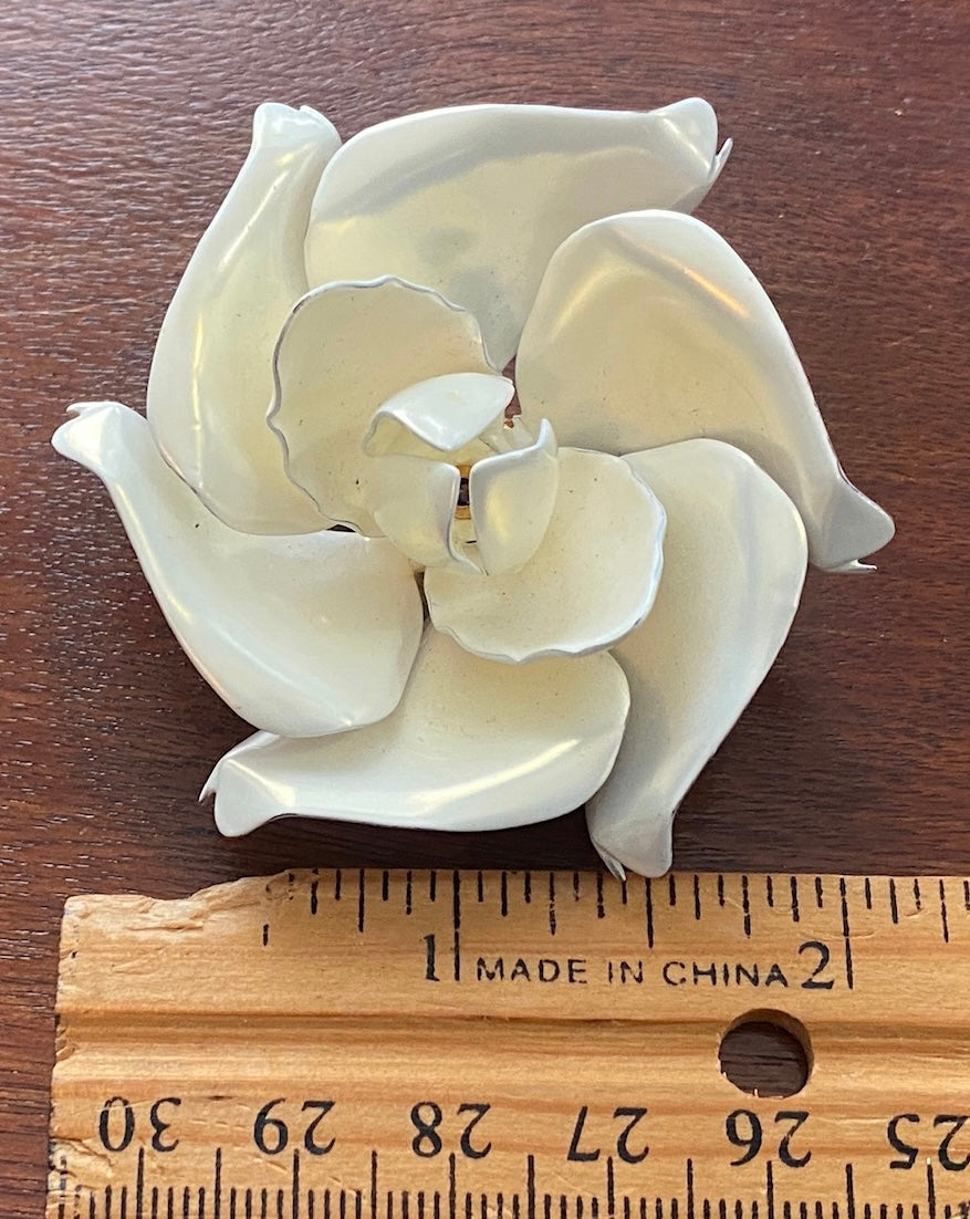 Vintage Metal Iridescent Pearlescent White Large Flower Rose Brooch Pin