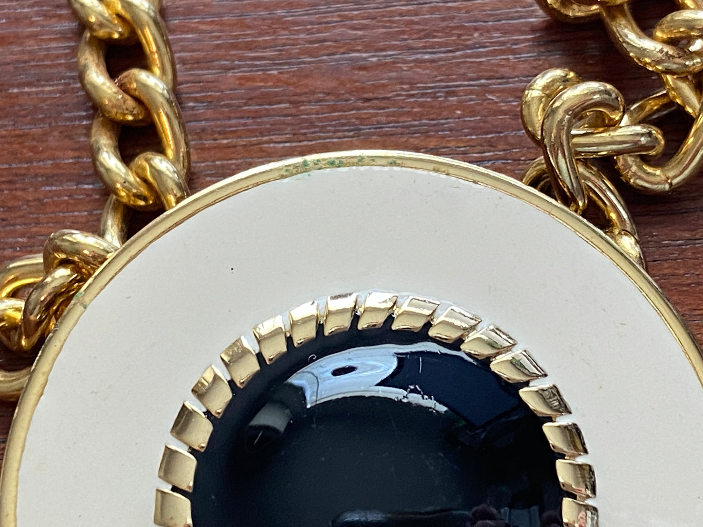 Vintage Beige Black Gold Tone Collar Necklace Large Round Pendant