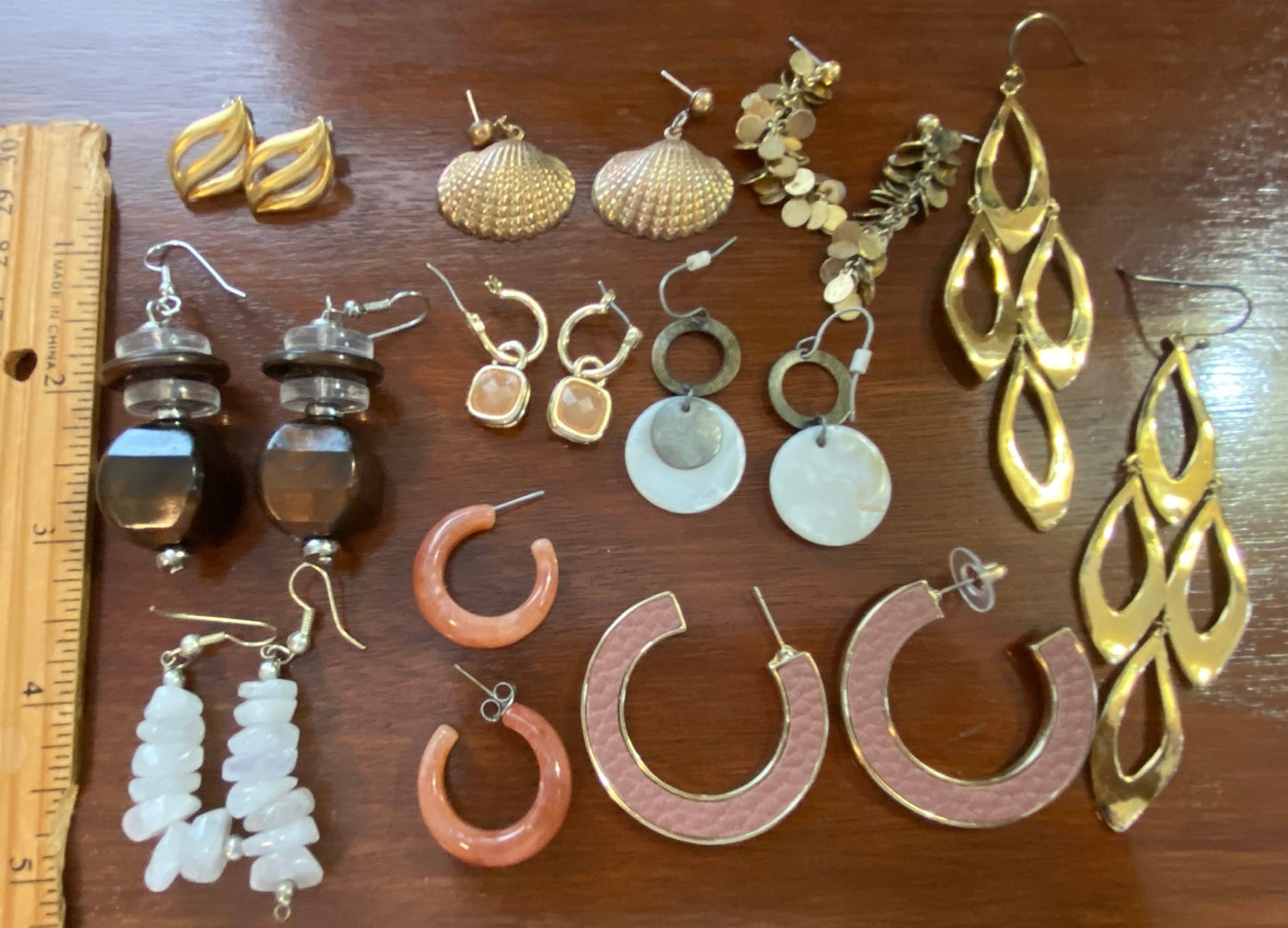 Lot of 10 Pairs Pierced Earrings Earth Tones Vintage Now Shell Gold Hoop Dangly