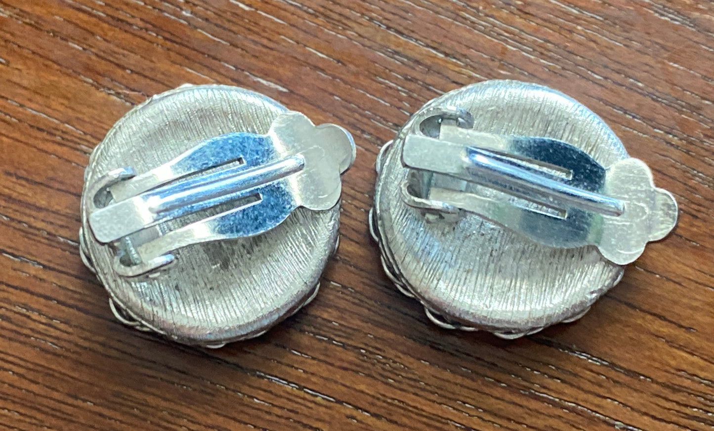 Vintage Textured Silvertone Metal Round Starburst Blue Stone Clip on Earrings
