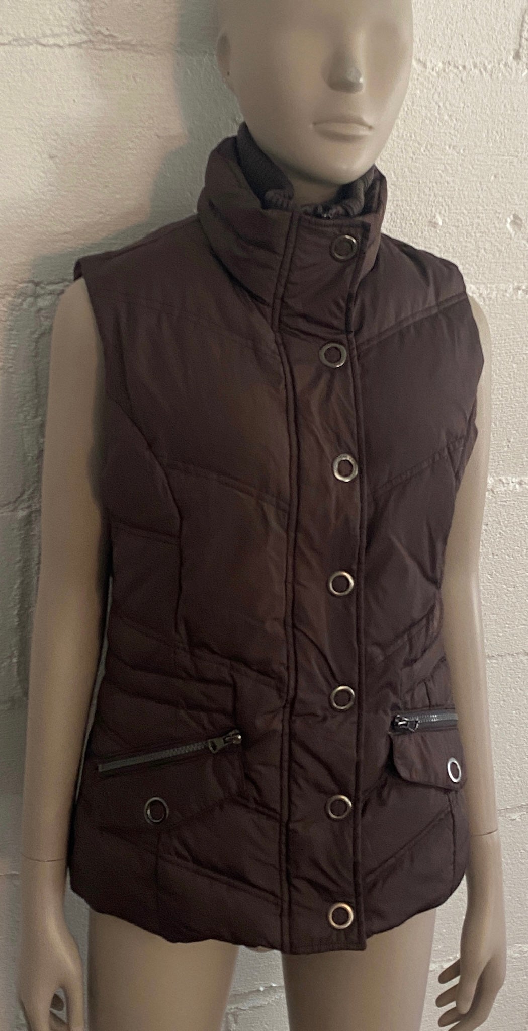 New York Classics Down Puffer Vest Dark Brown Button Zip Sz Small