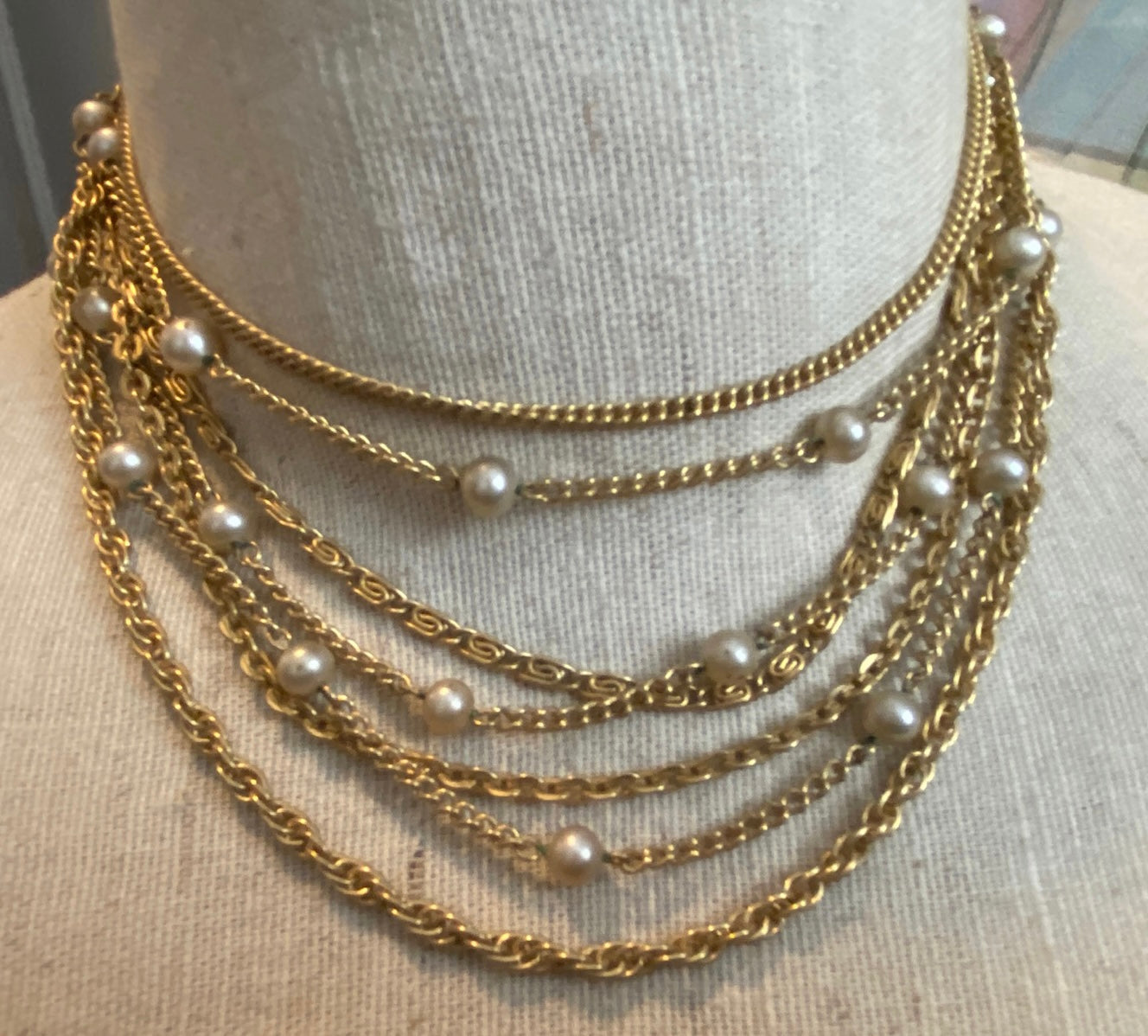 Lot of 5 Vintage to Now Chain Link Necklaces Choker Gold Silver Faux Pearl Victorian Style