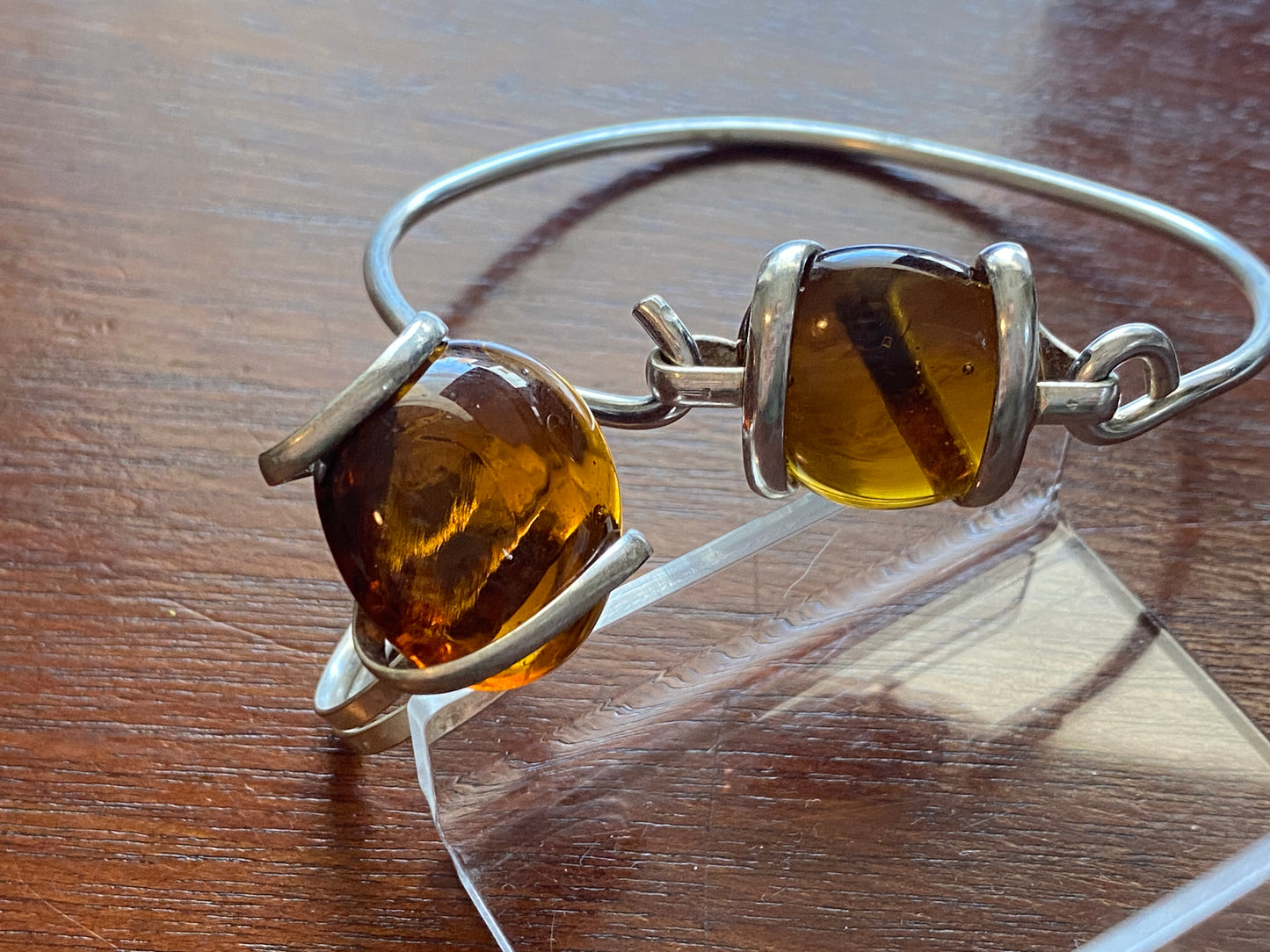 Silver Amber Glass Bead Bracelet Ring Pendant Necklace Set