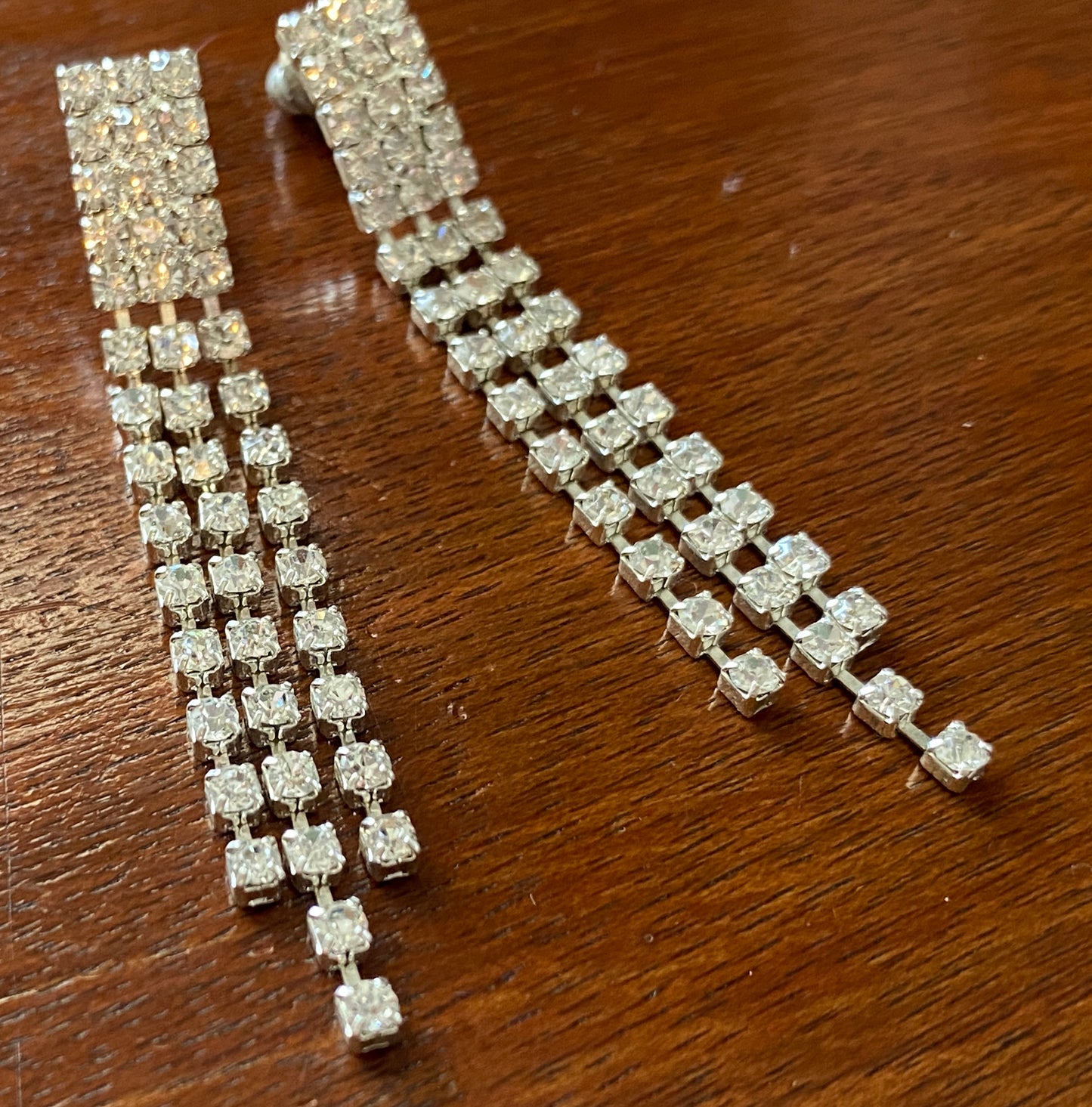 Vintage Style Silver Tone Tassel Drop Dangle Rhinestone Earrings Disco