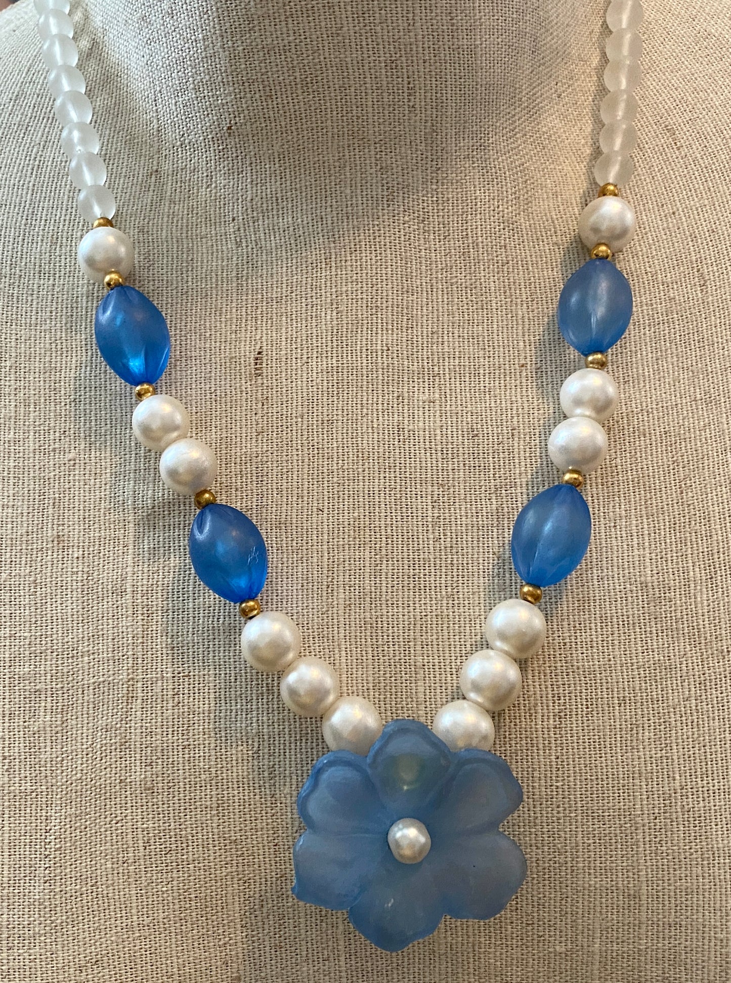 Vintage Faux Pearl Frosted Blue Flower Bead Necklace