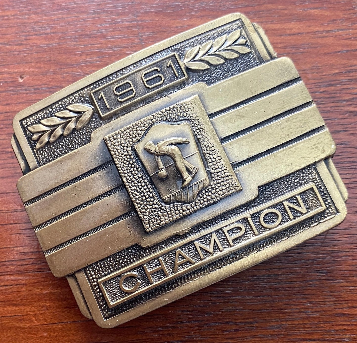 1961 Brass Bowling Champion Belt Buckle w Box