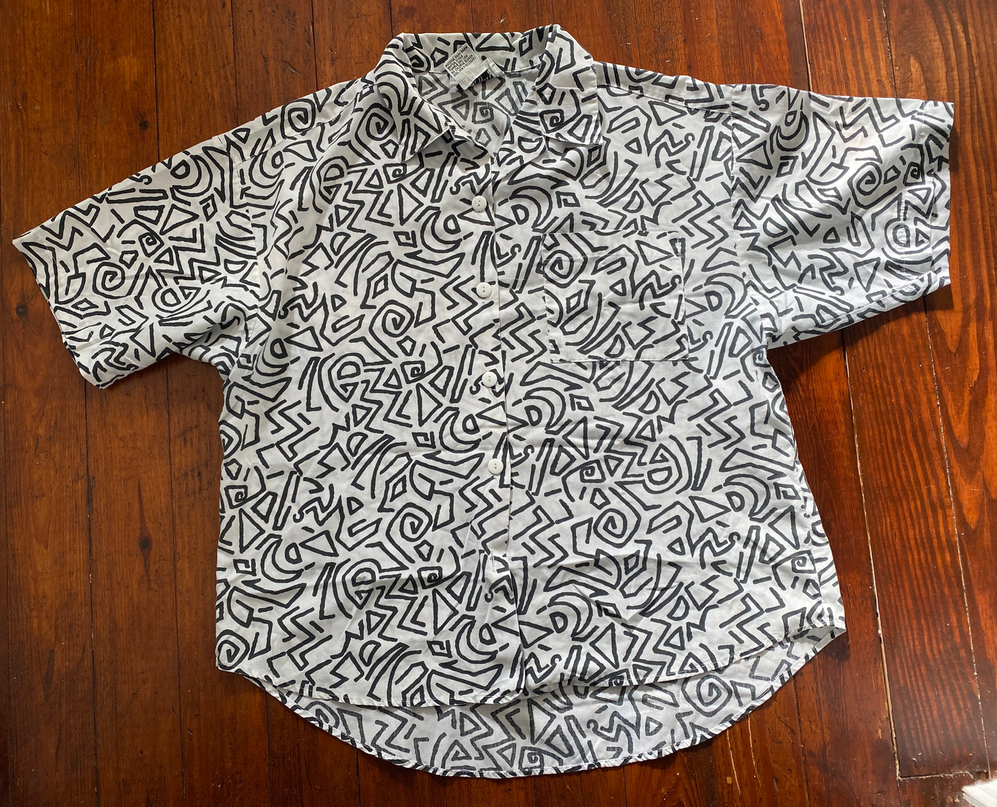 Unisex Vintage Cervelle Graphic 90's Print Button Up Shirt Black White