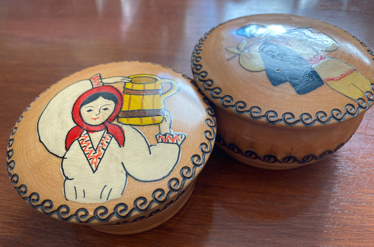 Vintage Wood Carved Trinket Box Set Boy & Girl Romania Souvenir