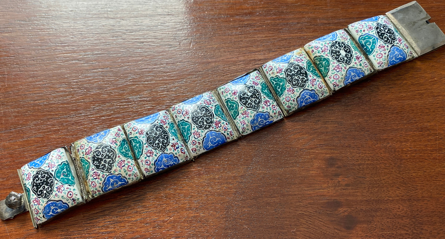 Antique Vintage Silver Enamel Panel Persian Eastern Bracelet