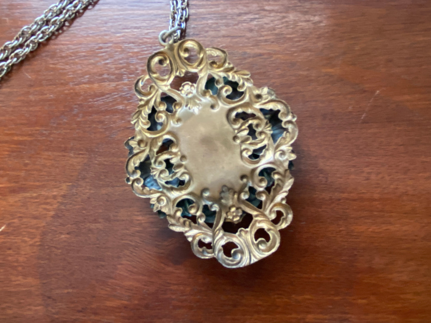 Large Vintage Victorian Revival Black Intaglio Brass Pendant Necklace