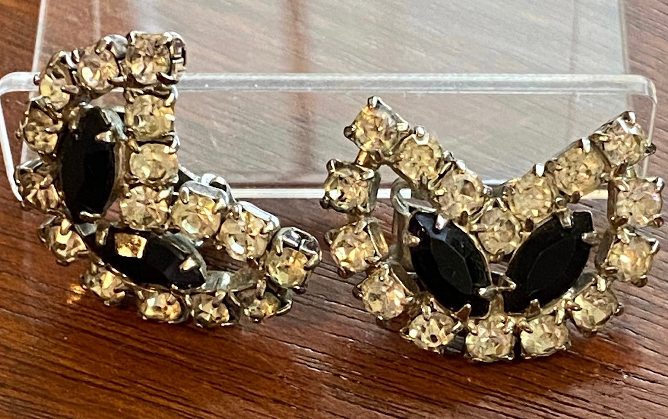 Vintage Black White Marquise Round Closed Back Rhinestone Clip on Earrings
