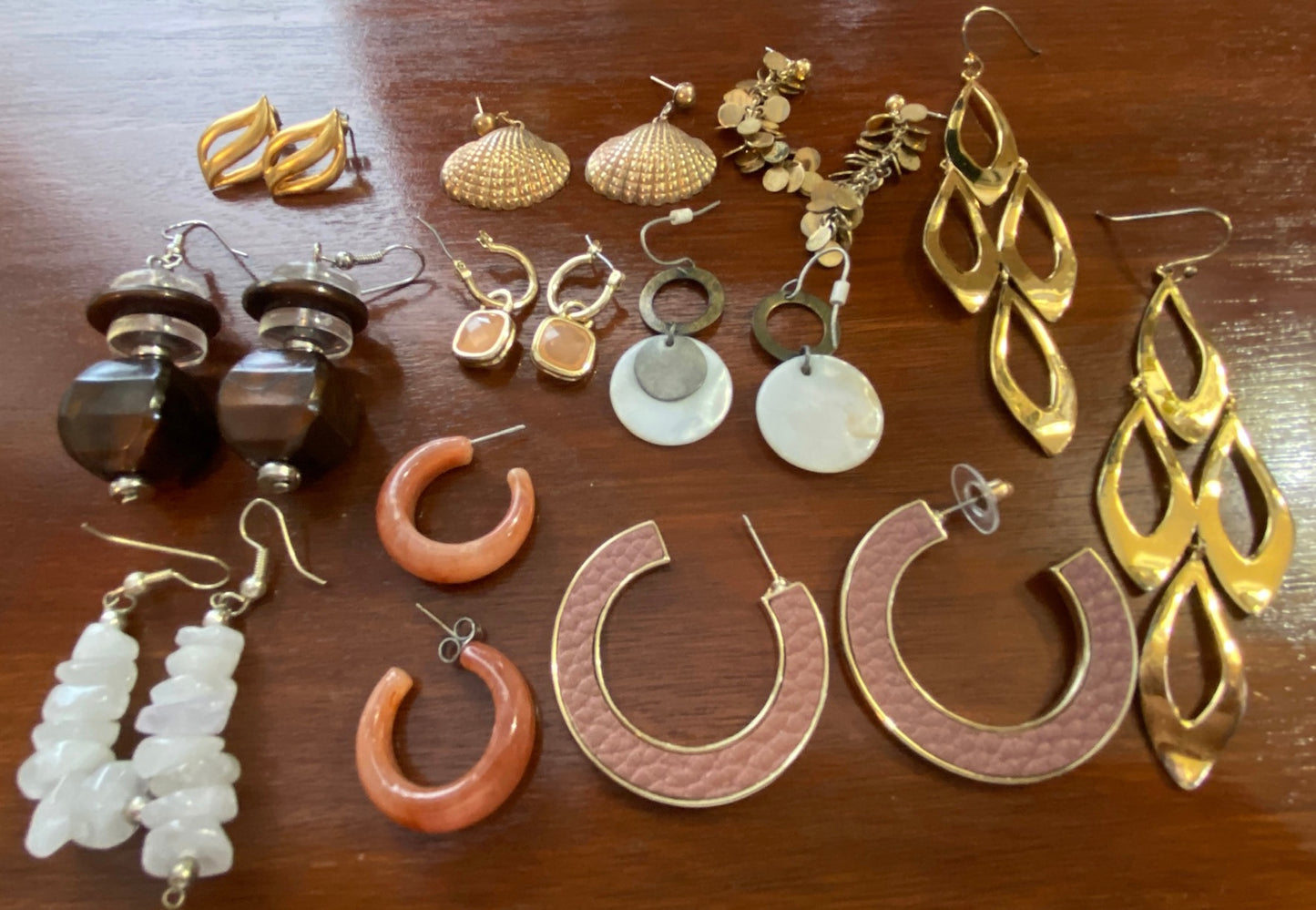 Lot of 10 Pairs Pierced Earrings Earth Tones Vintage Now Shell Gold Hoop Dangly