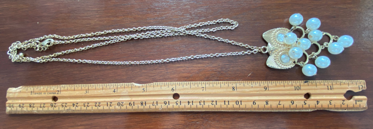 Vintage Gold Tone Chain Link Owl Faux Pearl Rhinestone Pendant Necklace