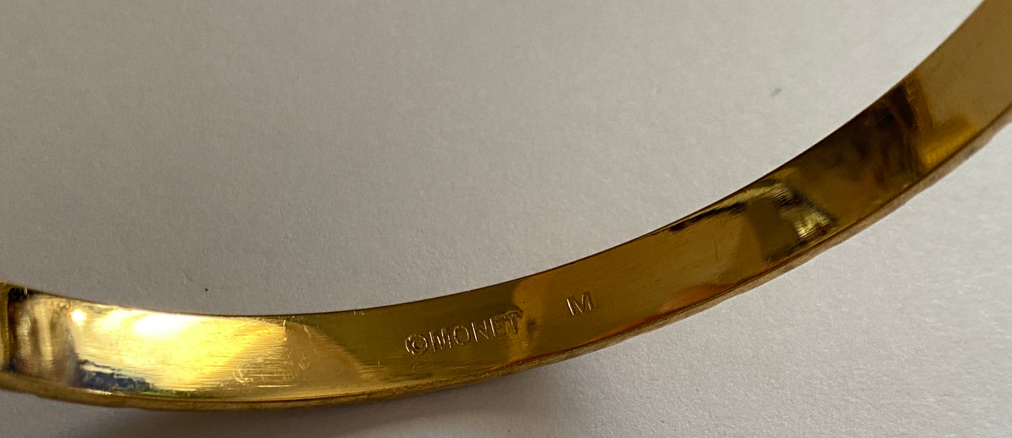 Vintage Brushed Gold Tone Metal Striped Bangle Signed Monet