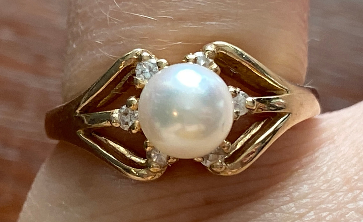 14k Yellow Gold 6mm Pearl Diamond Accent Ring Sz 6 Signed CF