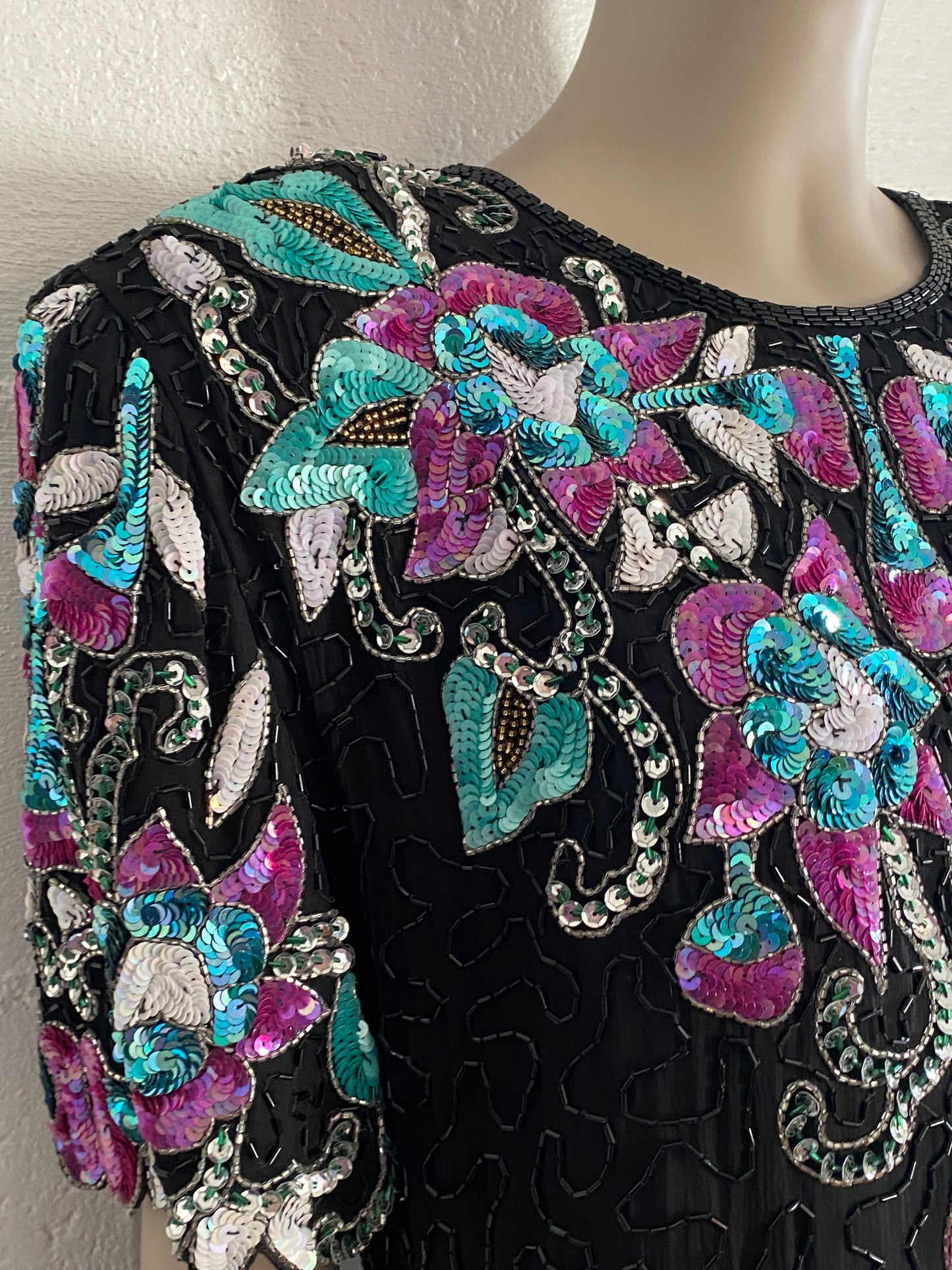Laurence Kazar Pure Silk Petite XL Knee Length Dress Full Sequins