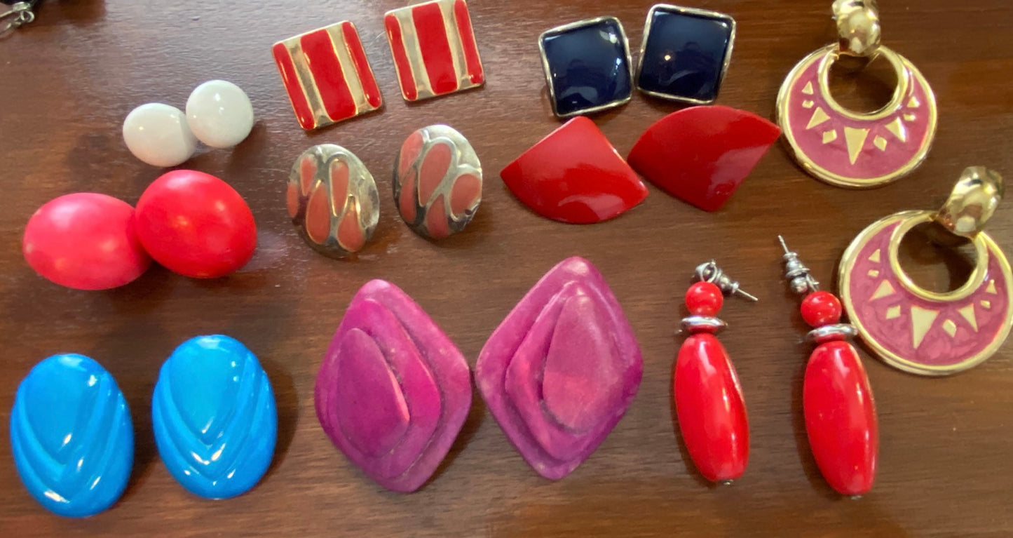 Lot of 10 Pairs of Pierced Earrings Vintage 80's Colorful Wood Painted Metal