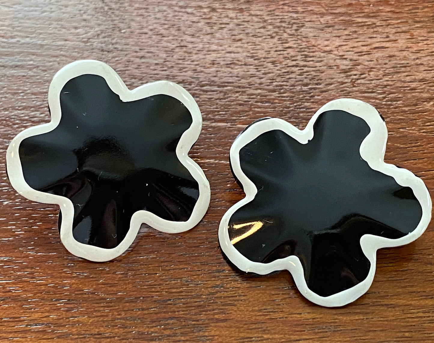 Vintage Large Black White Enamel Funky Fun Pierced Earrings