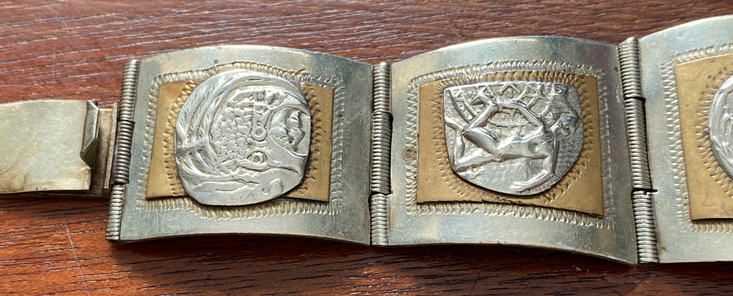 Vintage Taxco Mexico Sterling Silver Aztec Mayan Copper Panel Link Bracelet