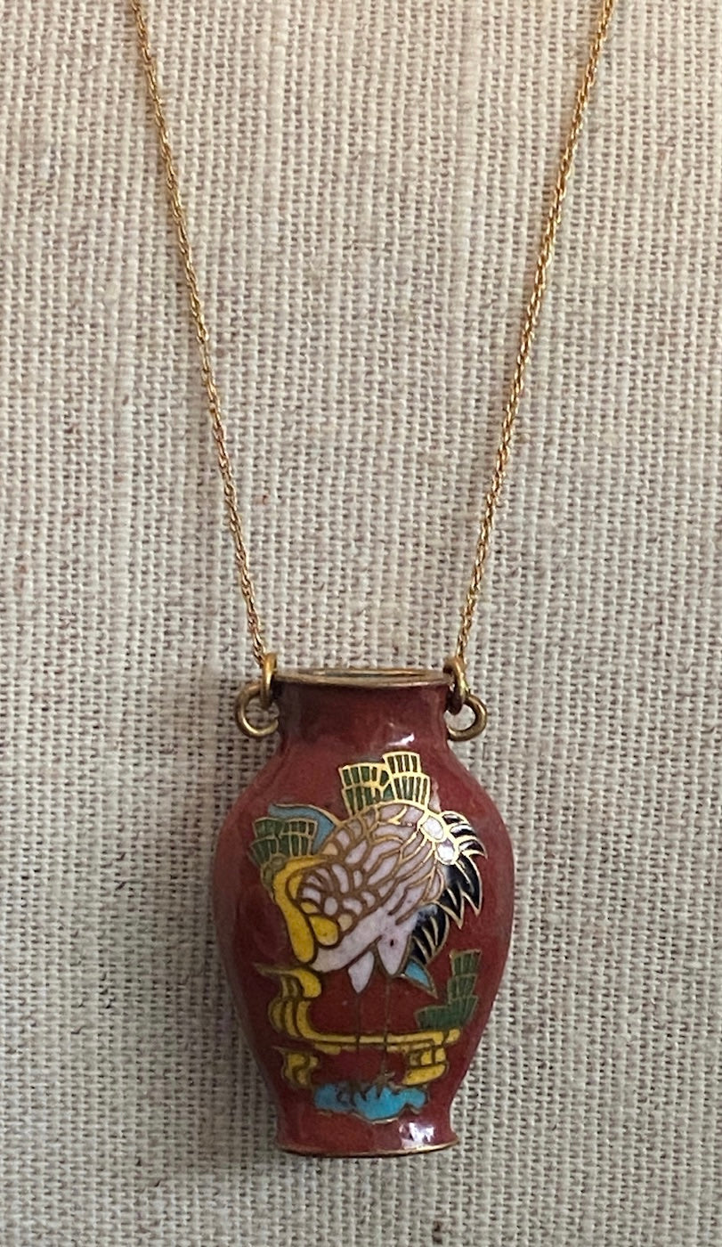 Vintage 1/20 14k Gold Filled Cloisonne Vase Pendant Necklace Crane