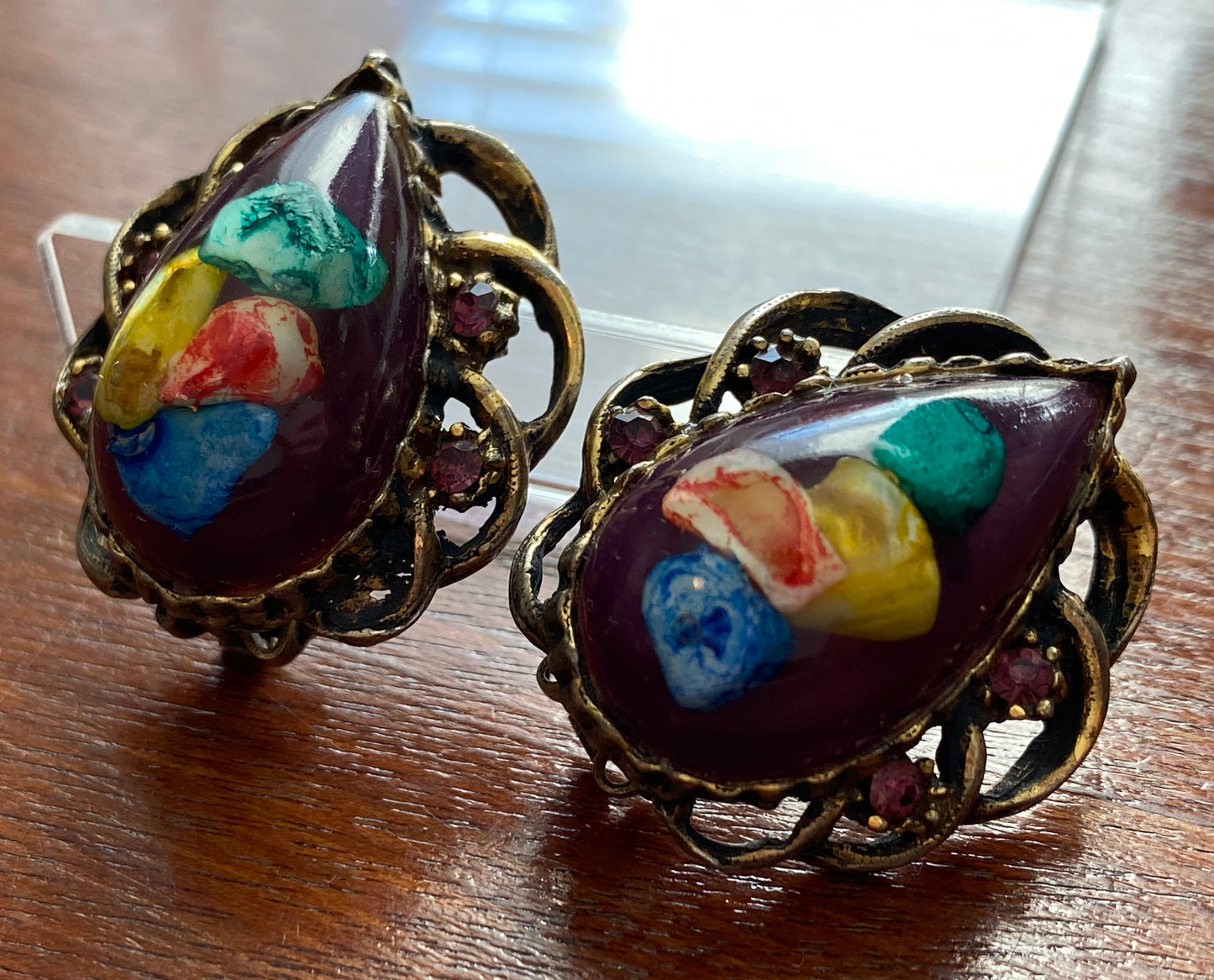 Vintage 80's Large Colorful Rhinestone Resin Confetti Clip on Earrings