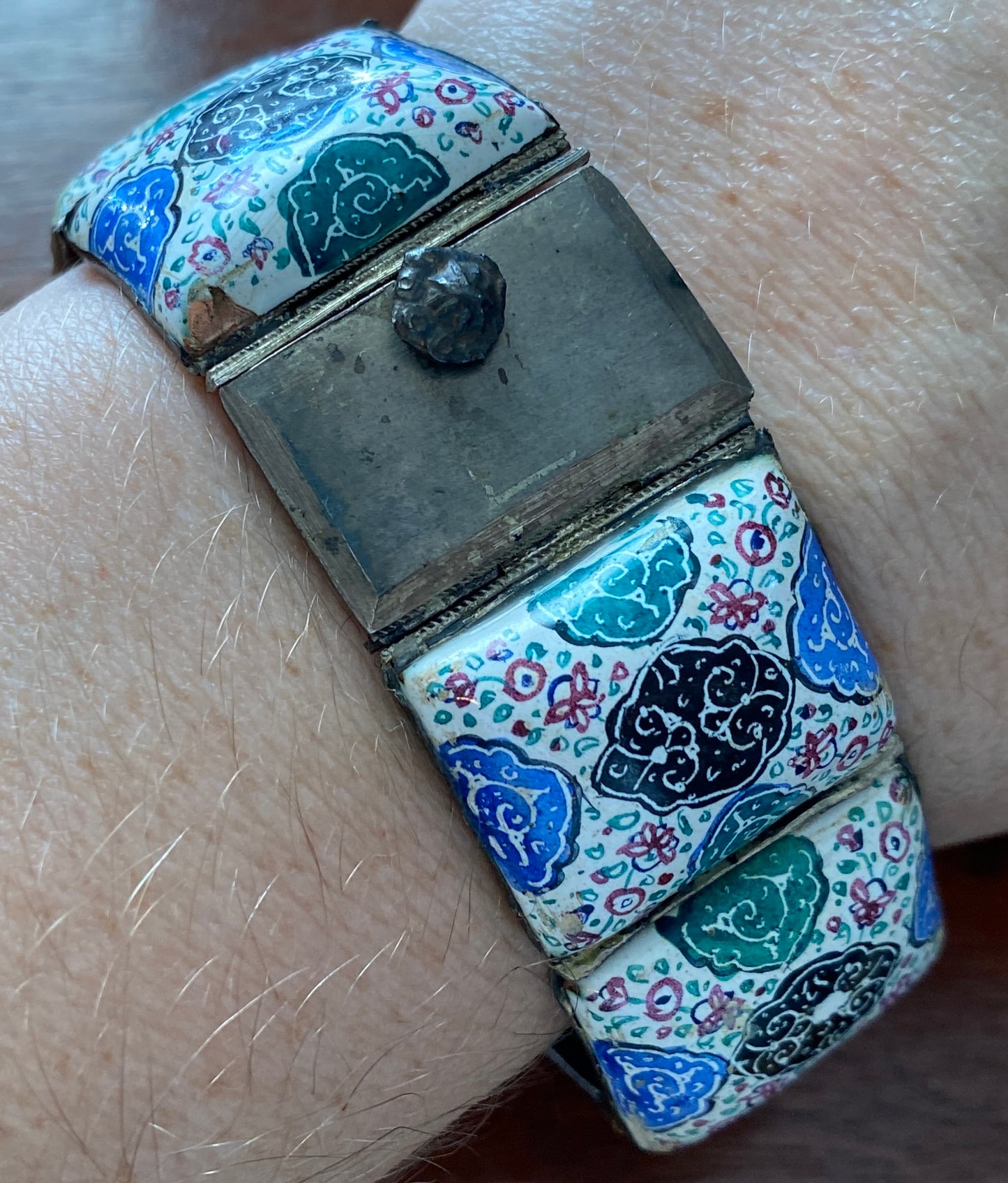 Antique Vintage Silver Enamel Panel Persian Eastern Bracelet
