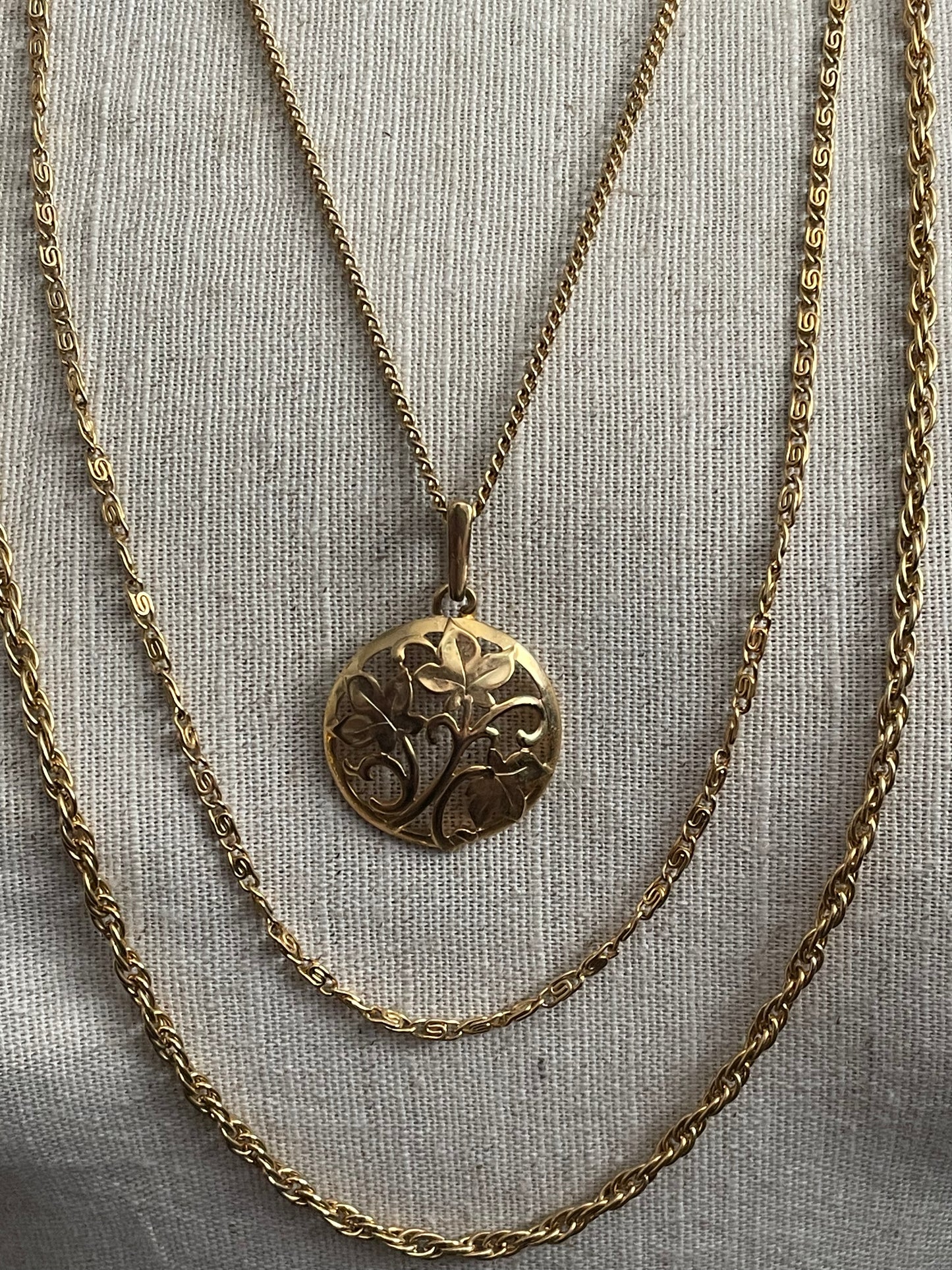Vintage Multi Strand Goldtone Chain Necklace Floral Pendant