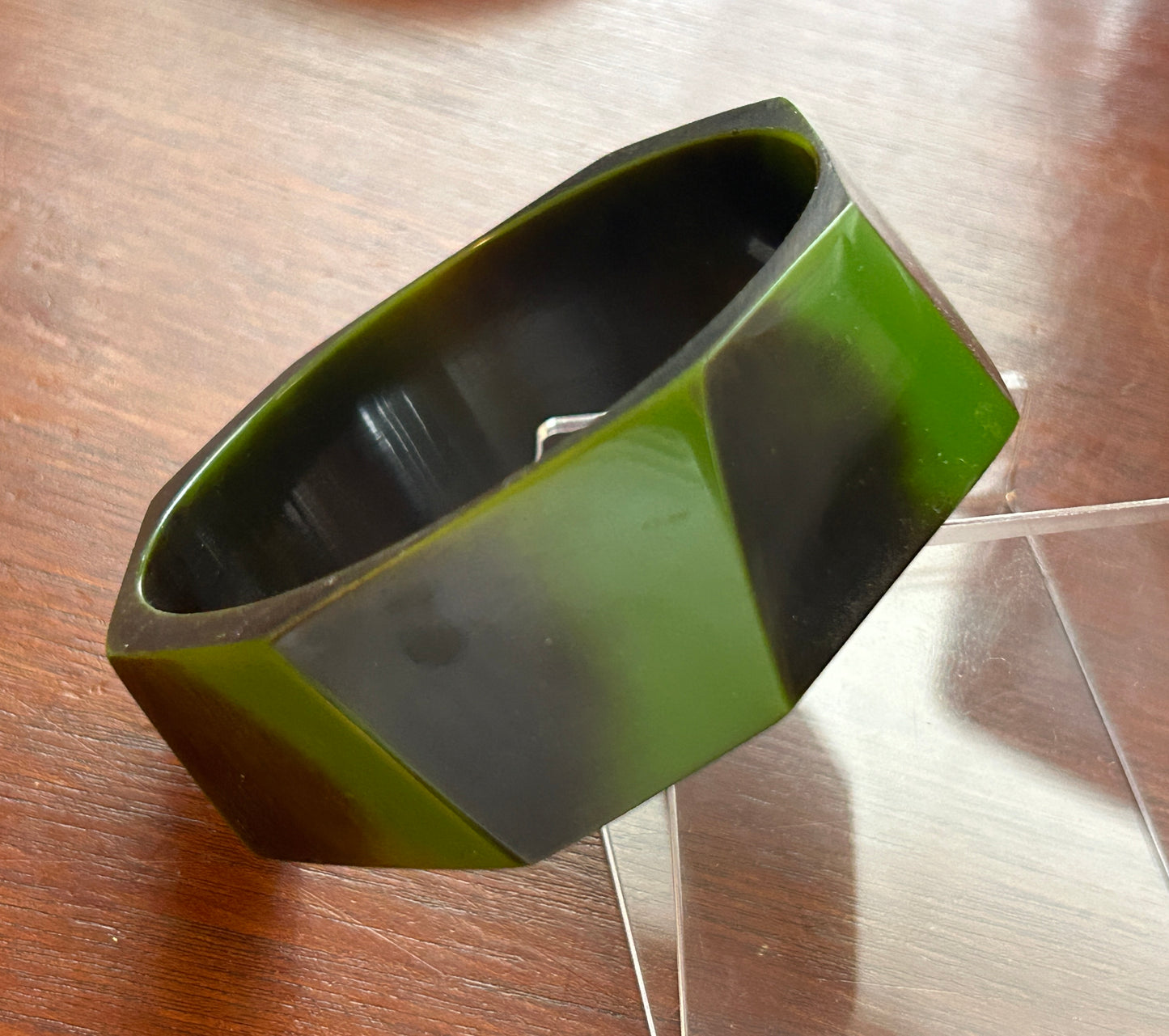 Vintage Bakelite Green Black Chunky Bangle Geometric Angular