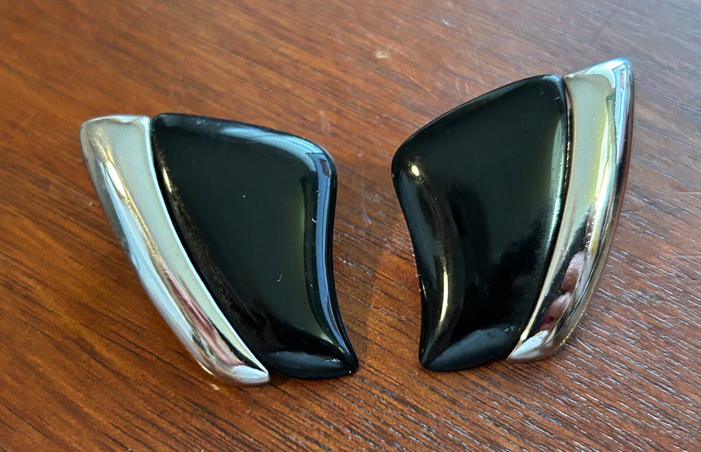 Vintage Signed Napier Black Silver Tone Large Pierced Earrings