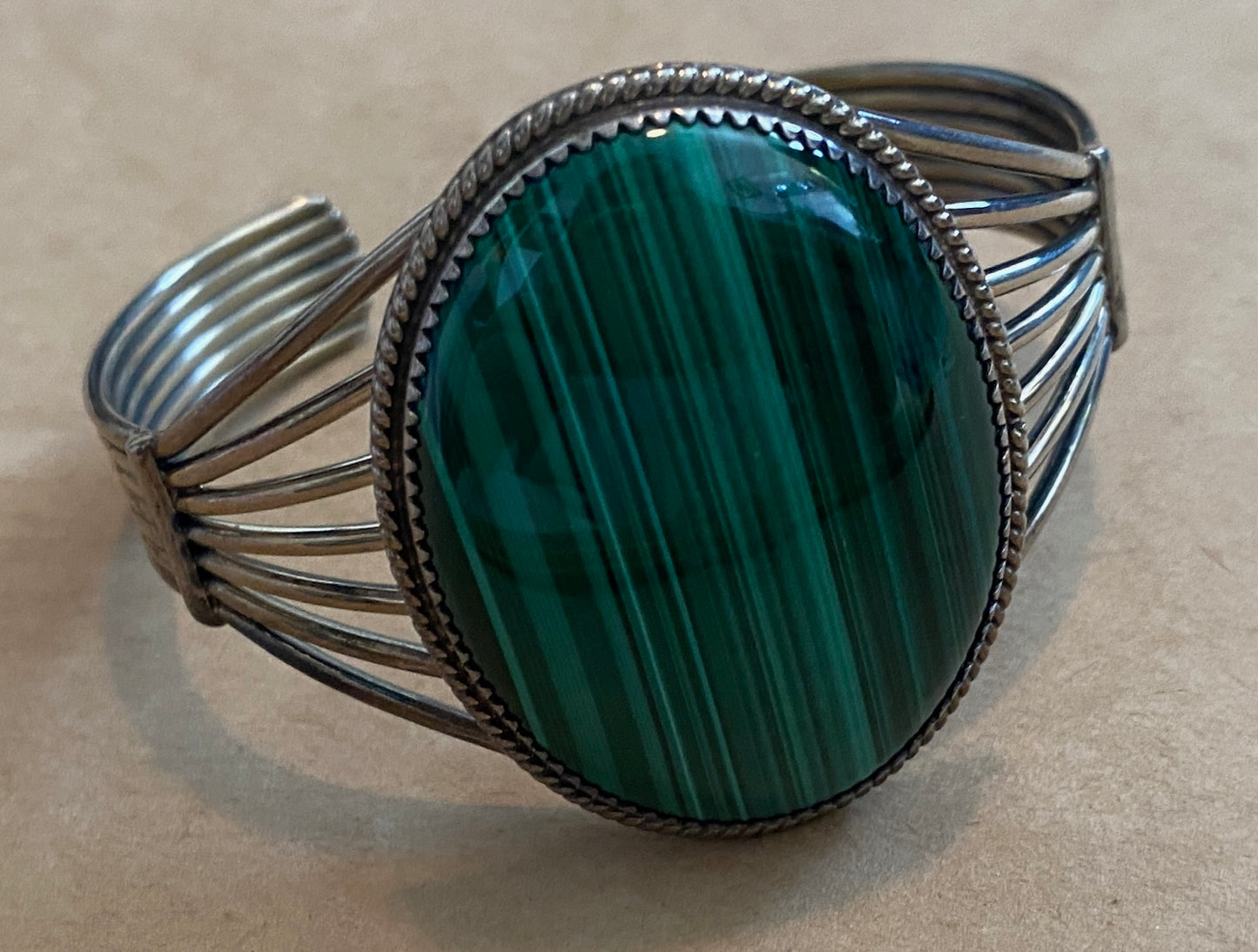 Sterling Silver 925 Large Green Malachite Cabochon Cuff Bracelet