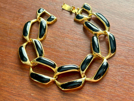 Vintage Gold Tone Black Enamel Chunky Chain Link Bracelet