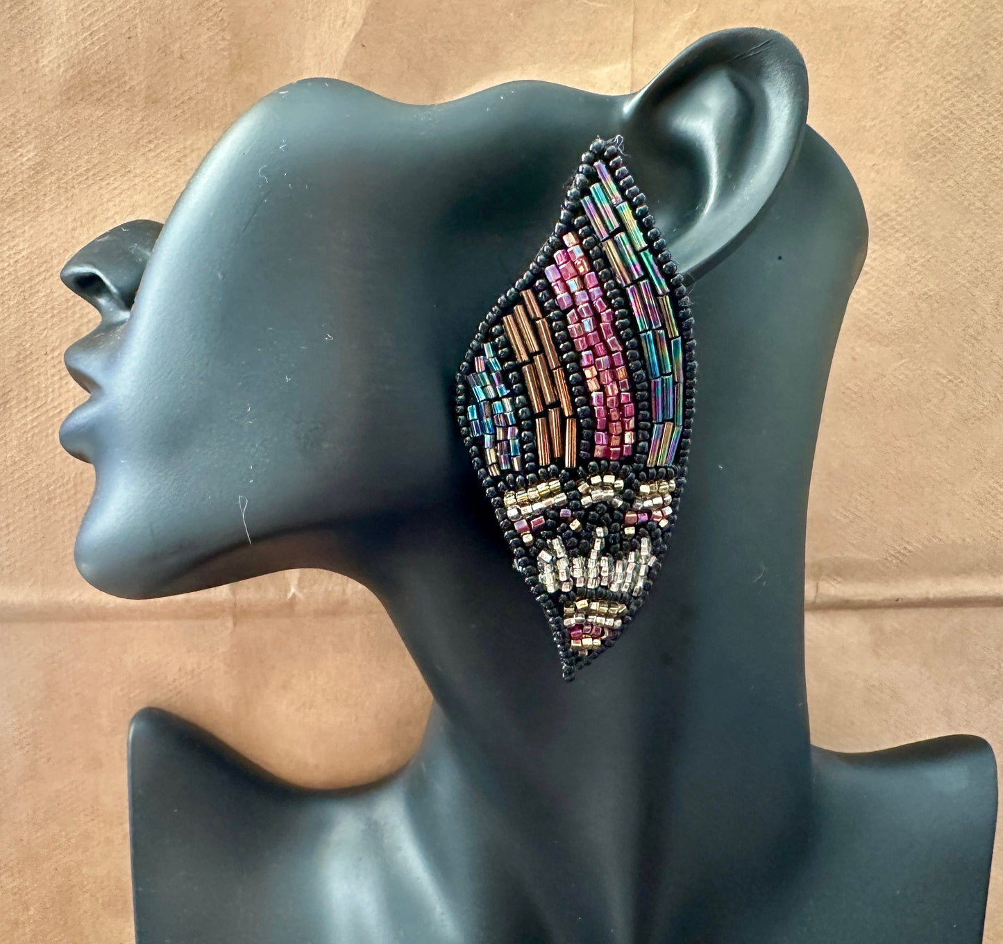 Vintage Large Black Beaded Metallic Rainbow Deco Style Pierced Earrings