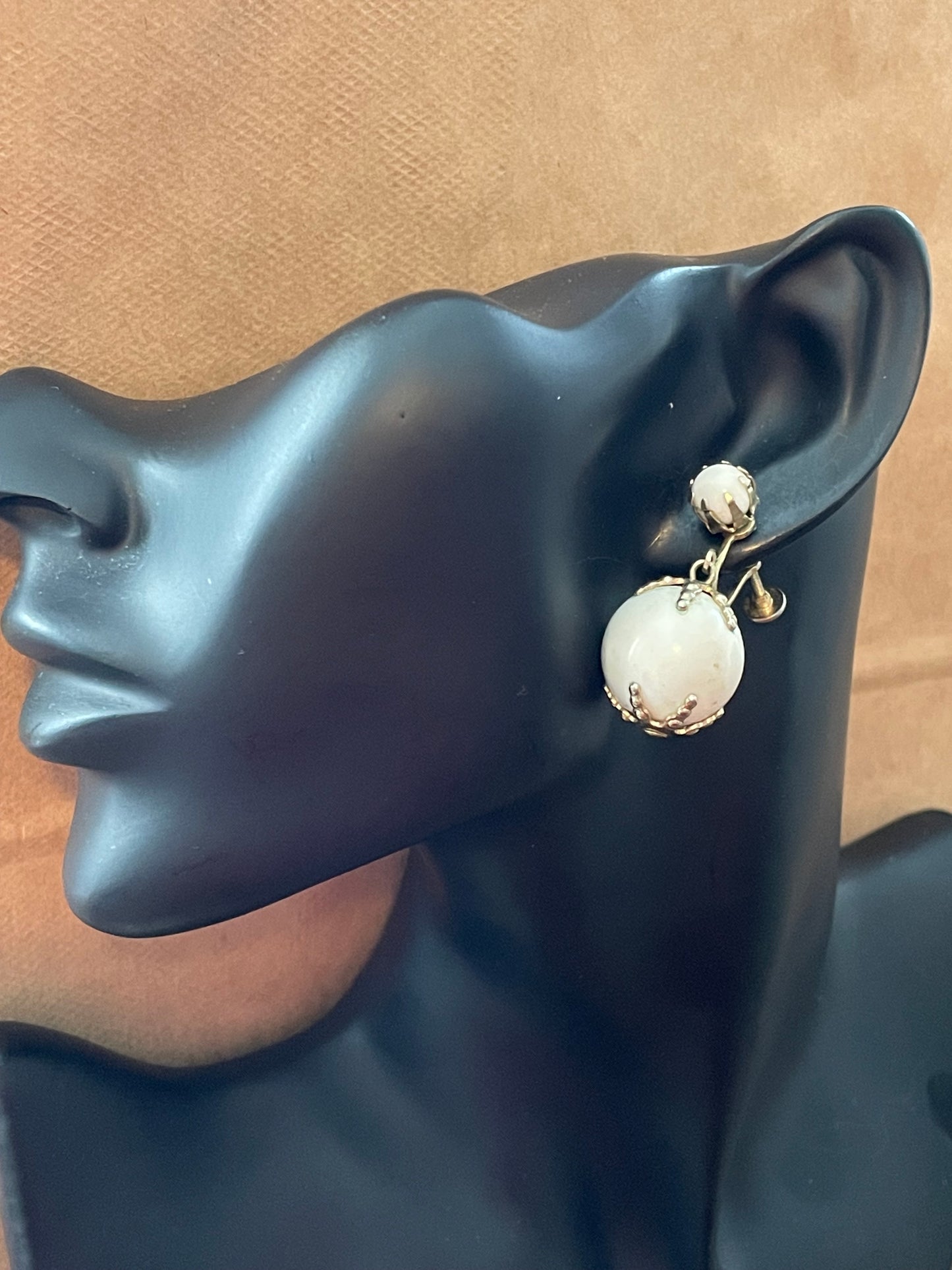 Vintage White & Gold Tone Orb Dangle Earrings & Charm Screw Back