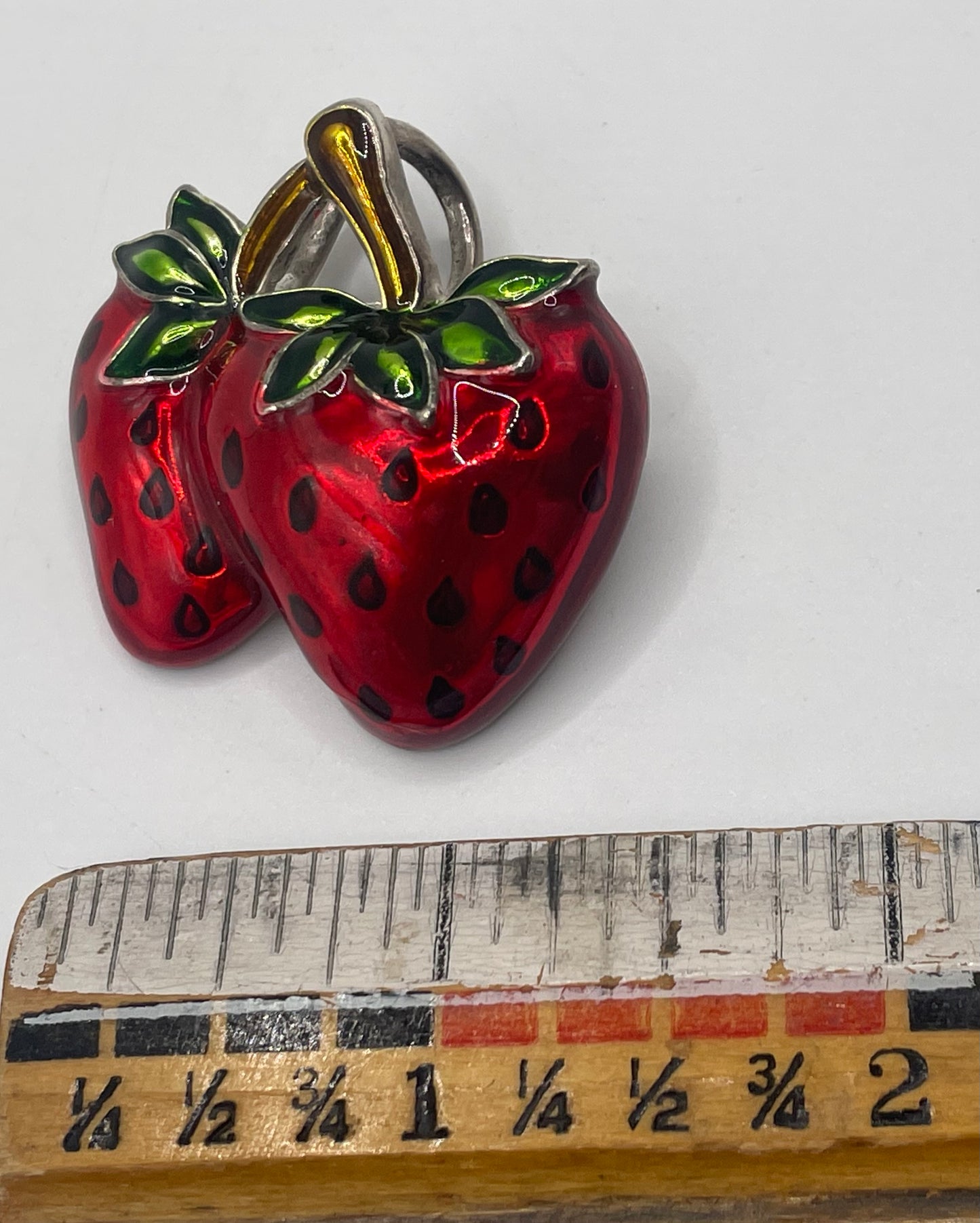 Vintage Silver Tone Red & Green Enamel Strawberry Brooch