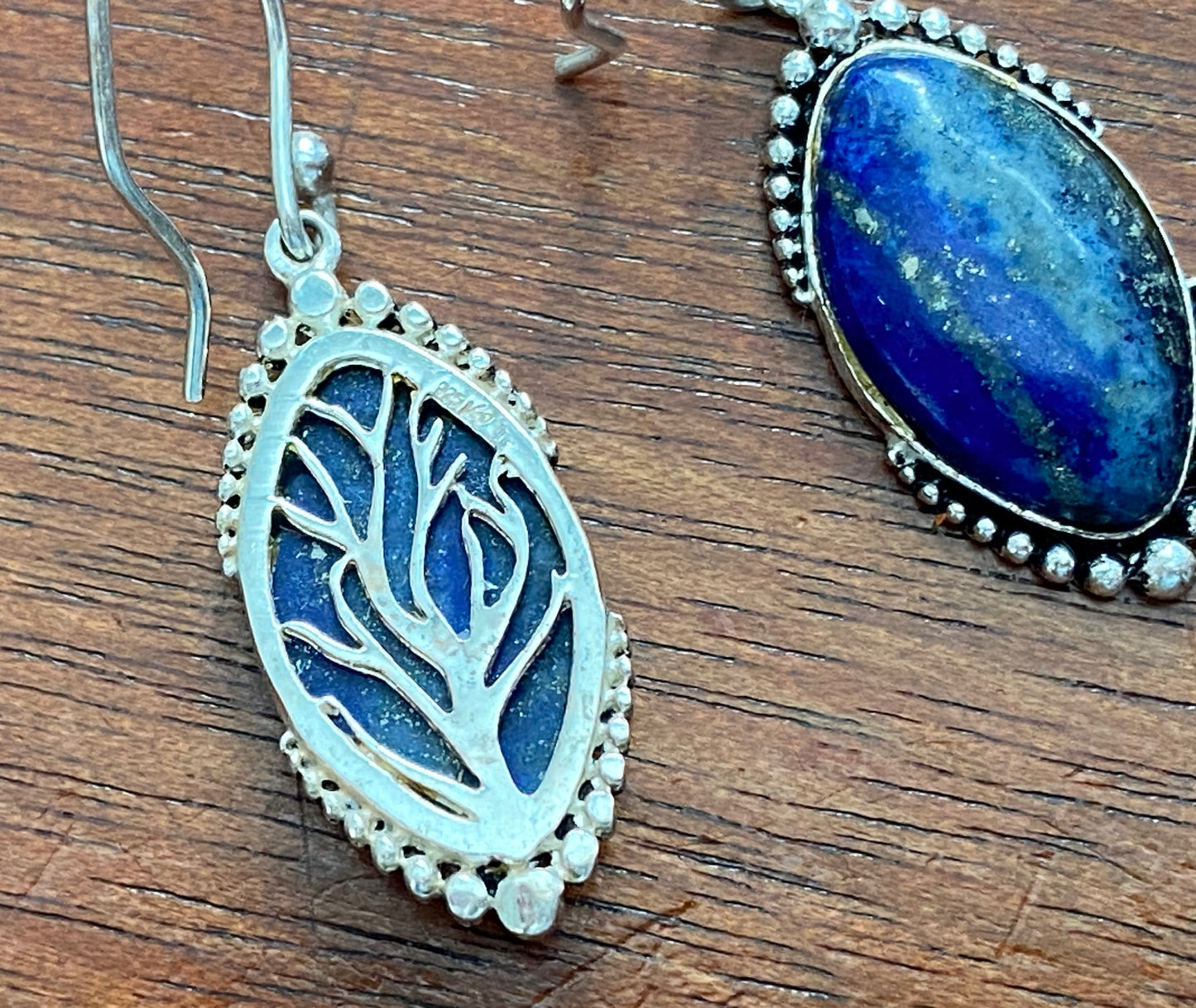 Sterling Silver 925 Blue Lapis Tree Design French Hook Dangly Drop Earrings