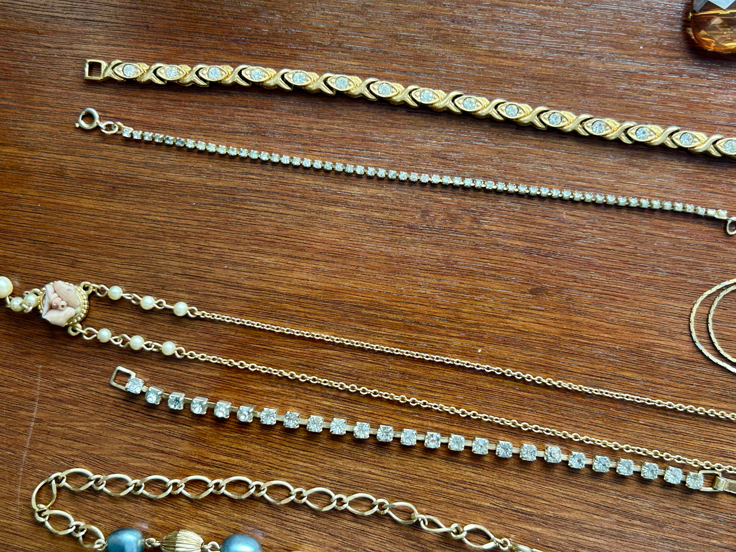 Vintage Now Jewelry Lot Gold Tone Faux Pearl Necklace Chain Rhinestone Bracelet