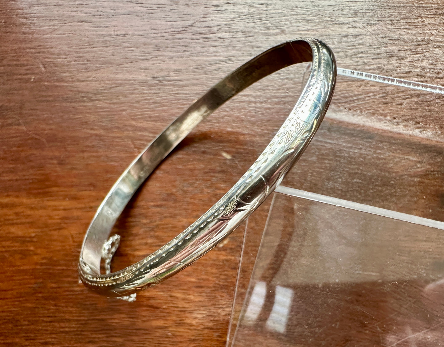 Vintage Sterling Silver 925 Hollow Domed Etched Bangle Bracelet Safety Chain