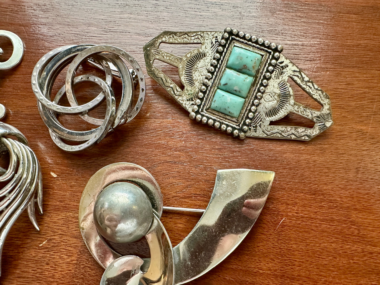 Lot of Vintage Silver Tone Brooches Coro Faux Turquoise Abstract Modern Large