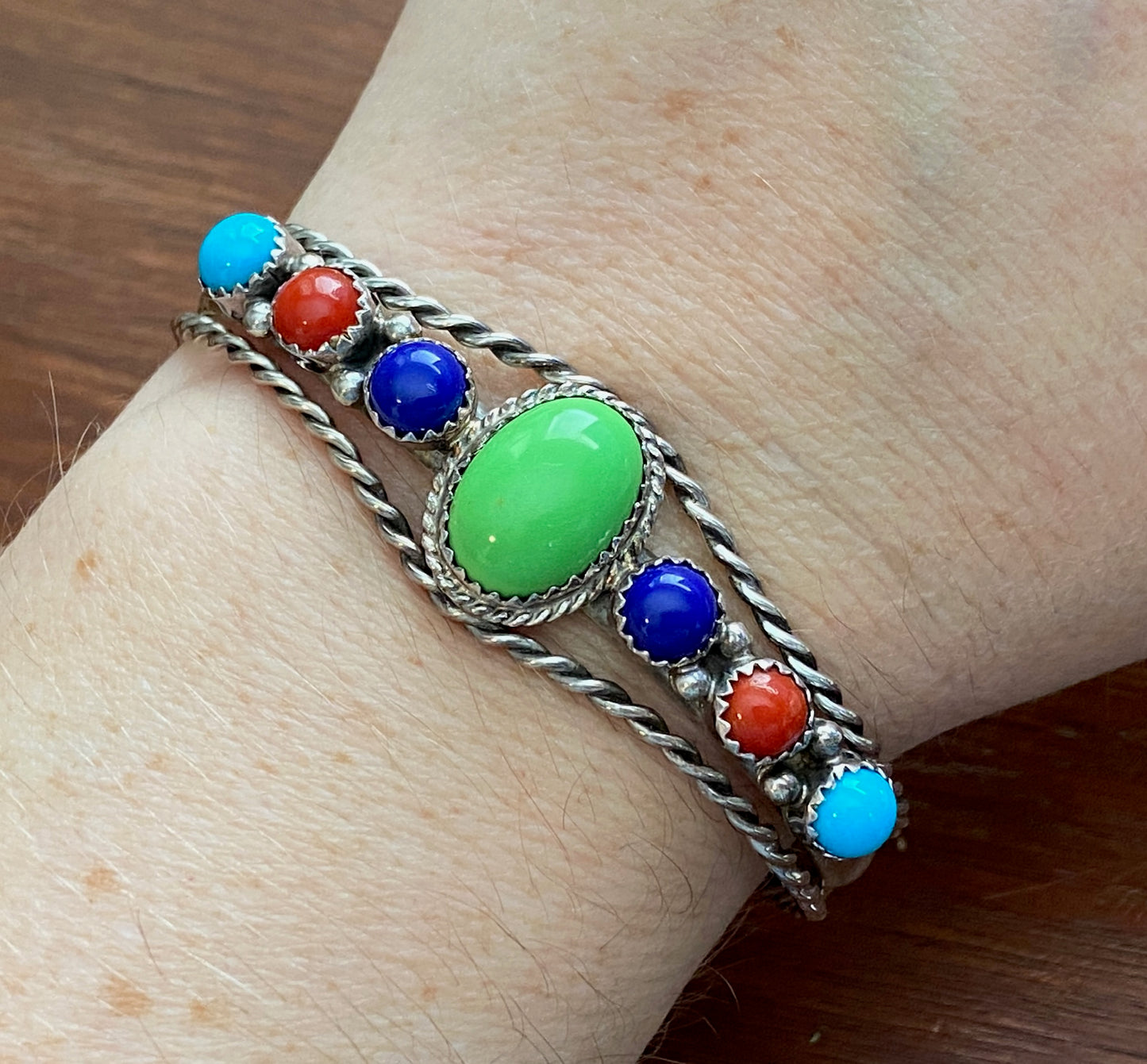 Running Bear Sterling Silver 925 Blue Green Turquoise Coral Lapis Cuff Bracelet