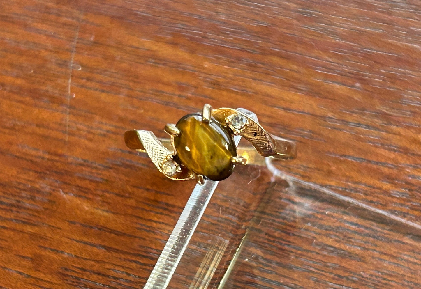 18k Yellow Gold Plate Oval Tigers Eye Ring Sz 6.75