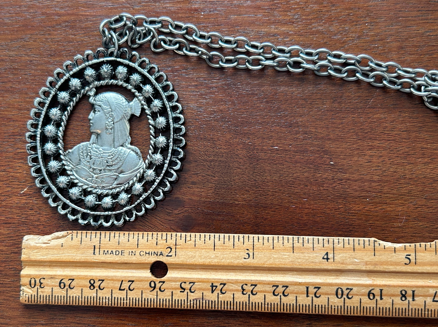 Vintage Silver Tone Egyptian Revival Pendent Filigree Chain Necklace