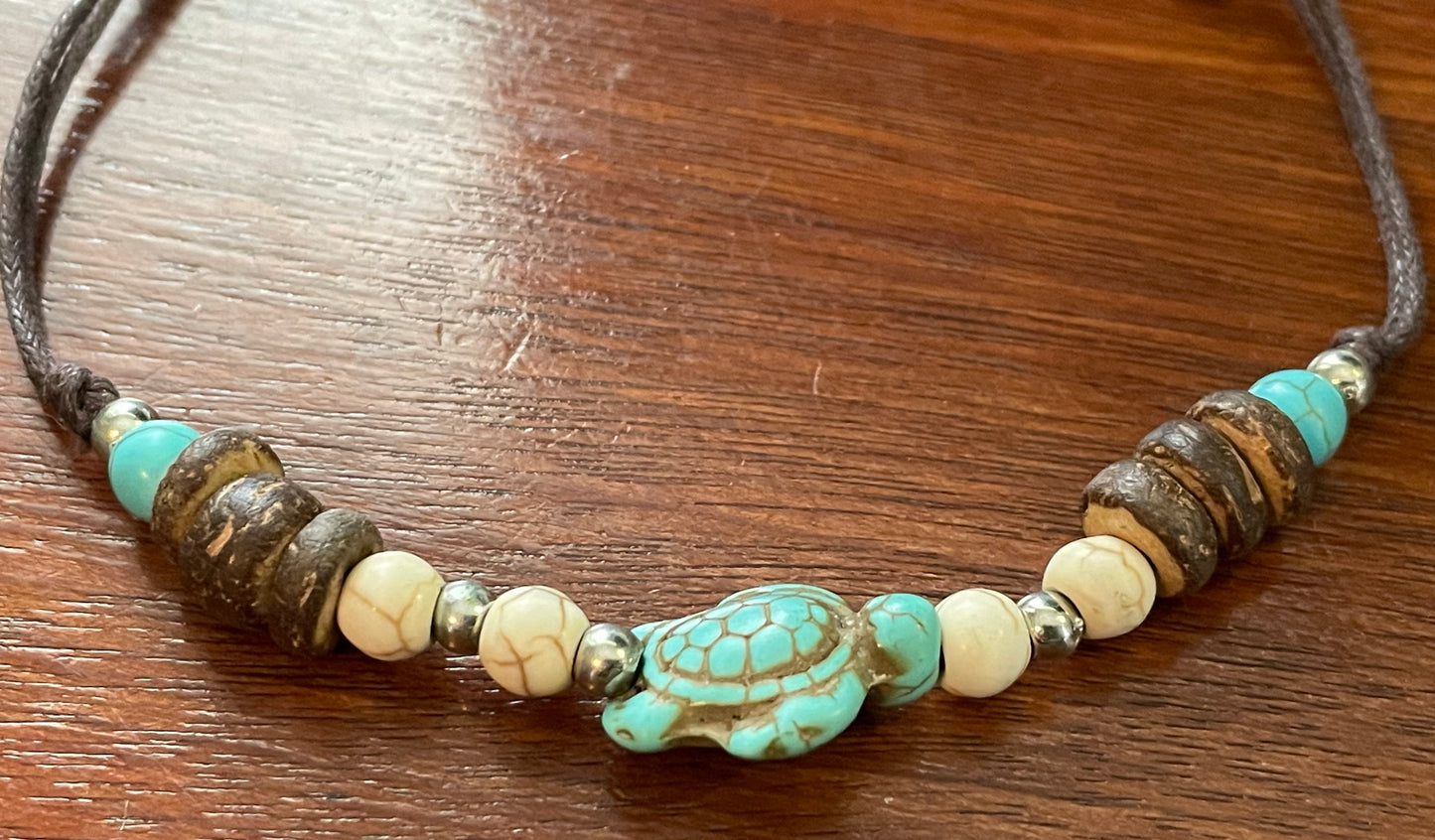 Leather Cord Howlite Wood Faux Turquoise Turtle Bracelet