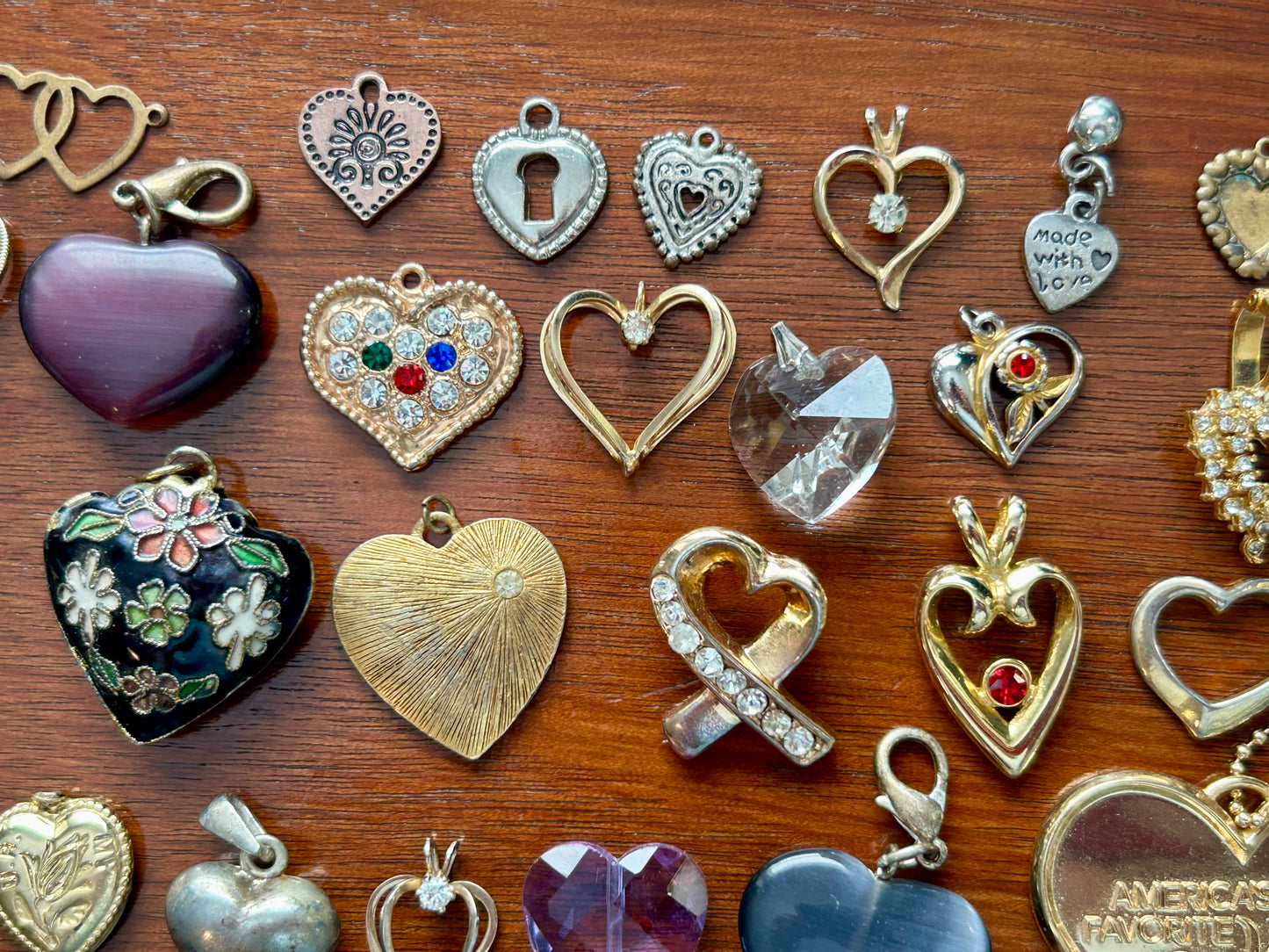 Vintage to Now Heart Shaped Pendant Charms Lot Gold Rhinestone Glass Puffy