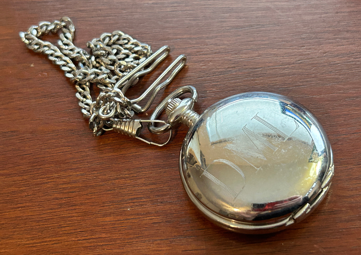 Silver Tone Alpine Quartz Pocket Watch with Chain Monogram DML