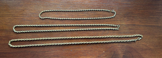 Lot of 3 Varying Length Gold Tone Rope Twist Chain Necklaces