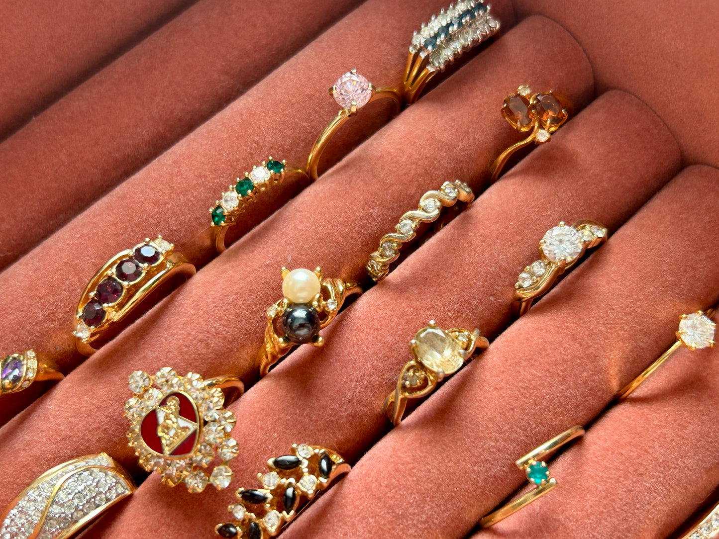 Lot of 24 Vintage to Now Gold Tone Plate Rings Rhinestone Engagement Bands Stone